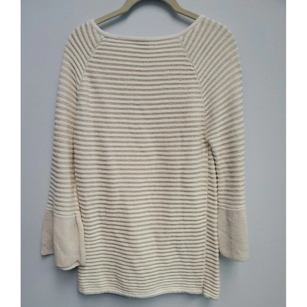 Chicos Women's Size 1 (M-8) Ivory Gold Metallic Bell Sleeve Striped Knit Sweater